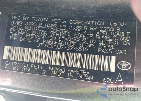 2007 Toyota Prius z USA, uszkodzony, nr VIN JTDKB20U773275519